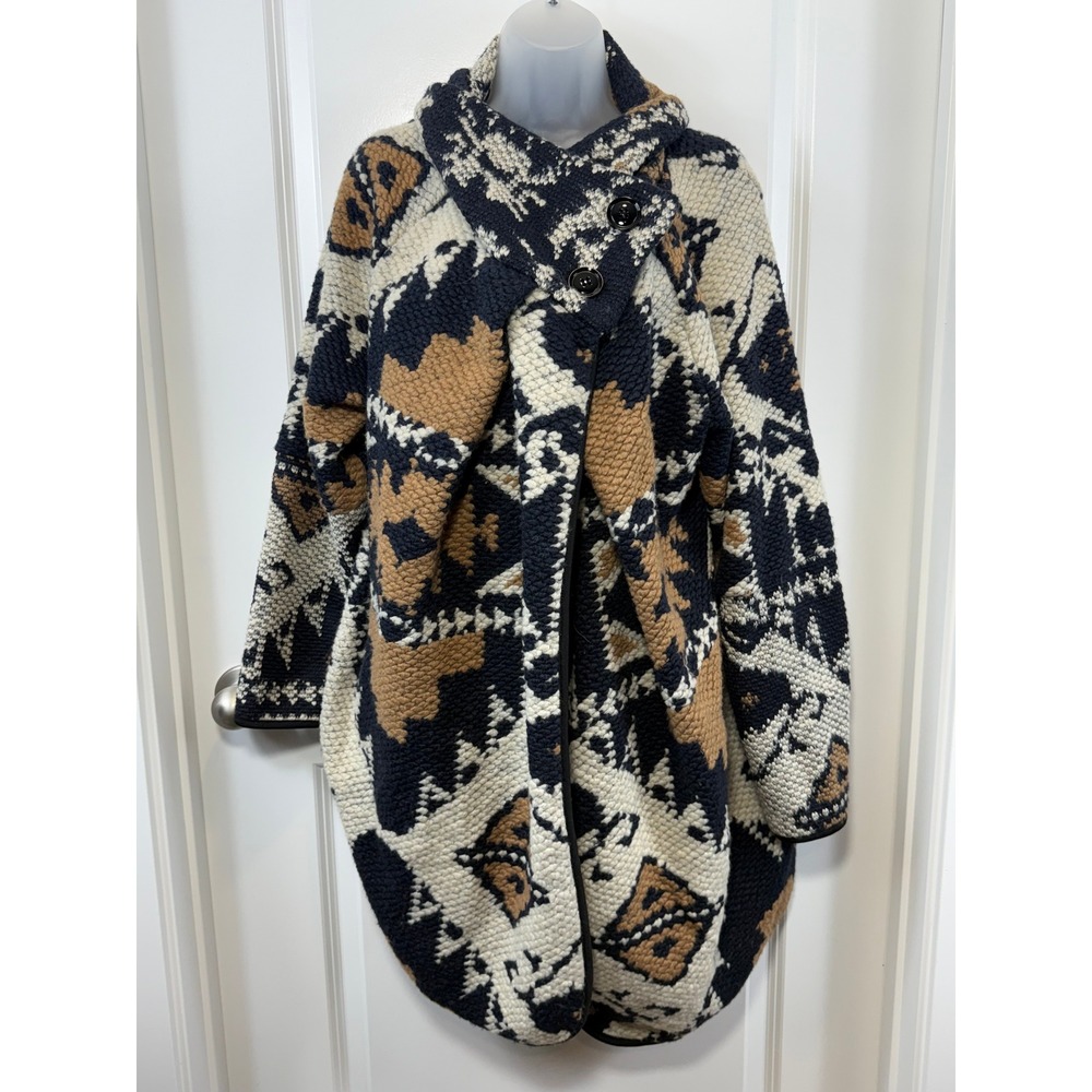 Carre Noir Womens Large Wool Blend Southwestern Wrap Cardigan Coat‎ Aztec Tribal